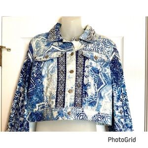 Chico's Blue and White Geometrical Beaded Jean Jacket